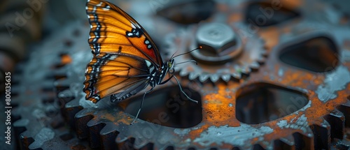 A macro shot of a delicate butterfly perched atop a metallic gear, its vibrant wings contrasting with the industrial texture, creating a visually striking juxtaposition of organic and inorganic elemen