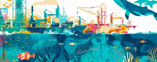 Colorful illustration showing offshore drilling impact on marine life with vivid underwater and industrial scenes