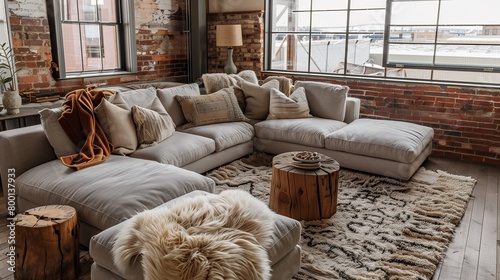 A cozy seating area with a sectional sofa, plush throw pillows, and a faux fur rug.