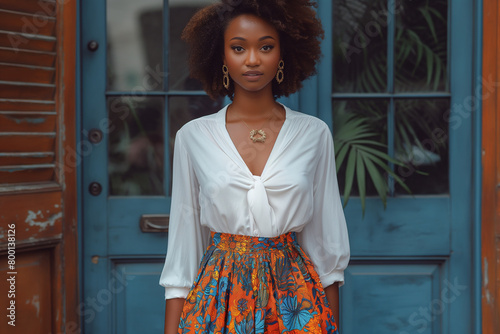 Feminine Flair: A fashion-savvy woman elevates her office look with feminine touches, such as a flowing midi skirt in a playful print paired with a structured blouse. Accessorized