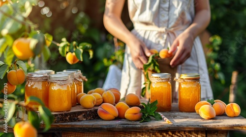 Closeup of a woman standing in the garden next to a table with jars of apricot jam