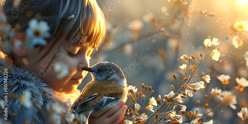 A digital artwork that captures the moment of interaction between a child and a wild animal , oneness with nature , children with birds