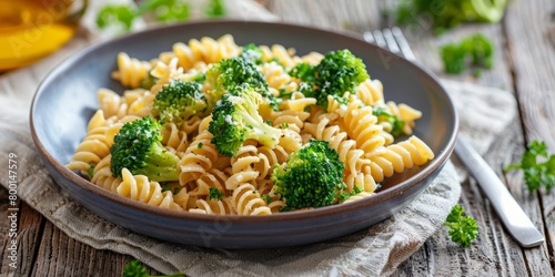 A serene setting with a bowl of fusilli pasta topped with steamed broccoli, accompanied by a beige linen napkin and a modern fork on a wooden surface