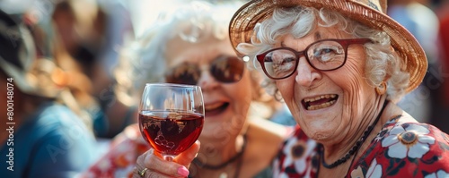 Two cute old ladies drinking wine and having fun together.