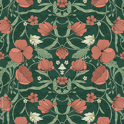 William and Morris seamless floral pattern design, textile pattern design, red flowers, green background.