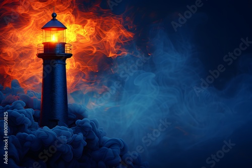 Mystical Lighthouse Illuminating Through Dense Smoke on Dark Night