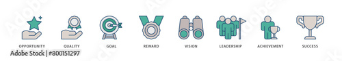 Encourage icons set collection illustration of opportunity, quality, goal, reward, vision, leadership, achievement, success icon live stroke and easy to edit 