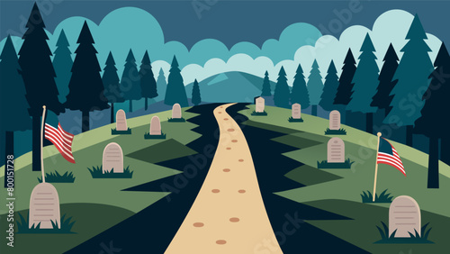 The trail leading through a quiet cemetery where the graves of Revolutionary War soldiers stand as a testament to their bravery and sacrifice.. Vector illustration