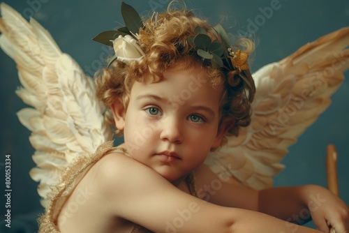 Little Cupid or Eros in toddler with a little pair of wings appearance aim love arrow and bow to a heart while flying on a sparkling sky.