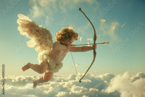 Little Cupid or Eros in toddler with a little pair of wings appearance aim love arrow and bow to a heart while flying on a sparkling sky.