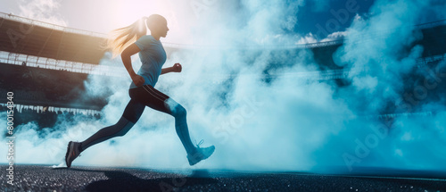 Close up of woman in motion. Female running on the stadium road or trail with steam. Professional marathon runner. Sporty girl. Outdoor sport, fitness banner. Jogging. Generative ai