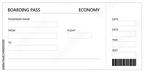 Empty black and white airline flight boarding pass ticket