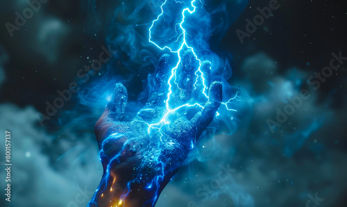 Powerful Zeus/Thor-Like Male Hand Emitting Thunderbolt Lightning Against Stormy Sky - Power, Energy, Strength