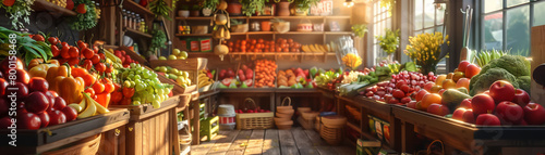 An interior of a farmers market with fresh fruits and vegetables on wooden shelves and in baskets.
