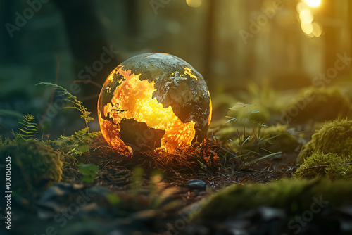 Glowing globe of the earth in the middle of a lush forest at dawn