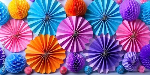 Festive Paper Decorations set. DIY art installation on blue background, top view