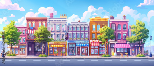 Illustration of a street with shop buildings, showcasing urban architecture and city life