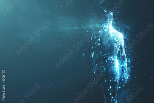 Side view of a glowing blue human figure dissipating into digital particles