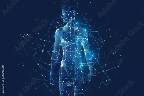 Digital illustration of a full body transparent male figure with blue glowing connections on a dark blue background