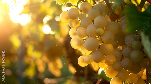 Sun-kissed Grapes Hanging on the Vine, Nature's Bounty Against Sunlight. A Fresh, Organic Feel in a Vibrant Vineyard Setting. Perfect for Food and Wine Themes. AI