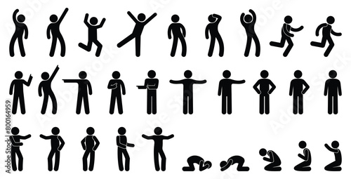 stick figure man, isolated pictogram of people, stickman icon, set of various poses and gestures