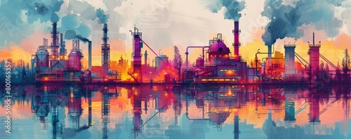 Colorful industrial landscape illustration with sunset reflections in water
