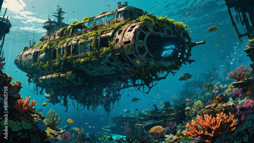 Underwater seascape with coral reefs and shipwrecks.