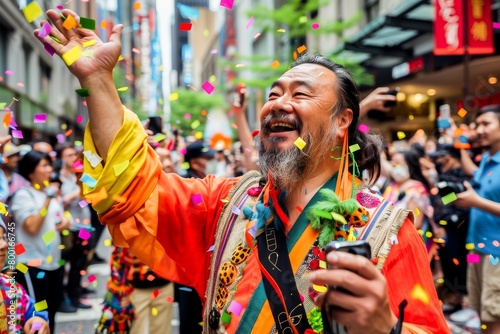 Joyful man in colorful costume celebrating at a vibrant street festival, surrounded by confetti and cheerful crowd.