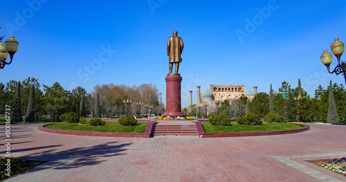 Statue of Islam Karimov, the former president of the Uzbek Soviet Socialist Republic from 1989 until his death in 2016, as seen in Tiger Park behind the Registan Square in Samarkand, Uzbekistan