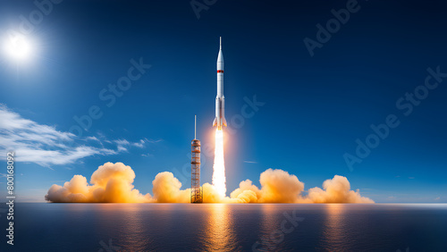 A rocket being launched against a blue sky background, manned spaceflight, science and technology, aerospace, space exploration