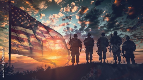 A group of soldiers are standing in front of an American flag against a cloudy sky