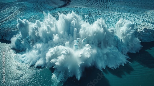 Dramatic glacier calving event captured in frozen explosion, highlighting the raw power of nature and the silent urgency of climate change