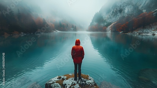 Man with red coat on his back in front of a lake on a rainy day. Concept: tourism, holidays