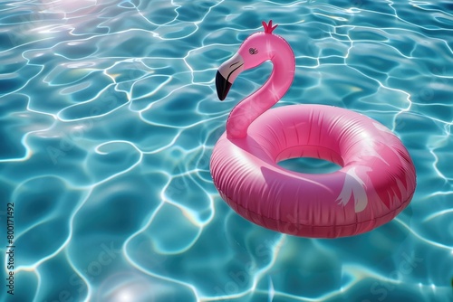 inflatable pink flamingo lilo in swimming pool with rippling water