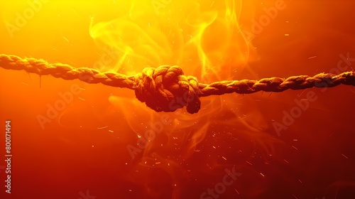 Knot on a burning rope against a fiery backdrop, symbolizing urgency and crisis. Fiery textures convey heat and danger. Perfect for dramatic concepts. AI