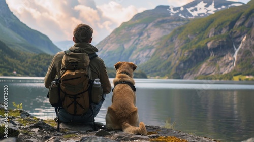 A man and his dog are sitting by the lake, gazing at the sky, mountains, and clouds in the highland landscape. The carnivore enjoys the mountainous view