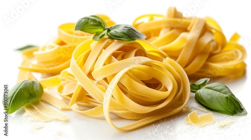 Top view bunch of tagliatelle italian pasta, heap herb dry linguini culture