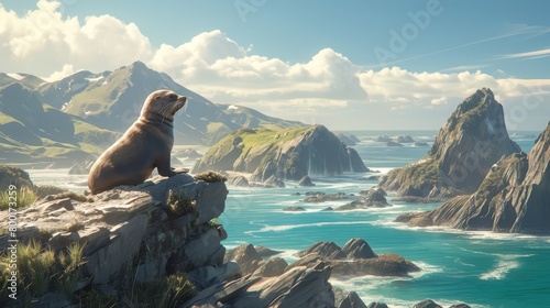 Seal sunbathing on a rocky outcrop along the coast of New Zealand