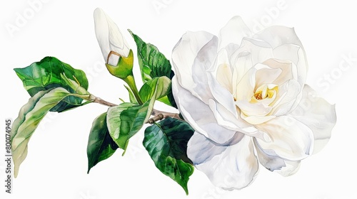 A white camellia flower with a green leaf. The flower is open and facing the viewer. The background is a light blue.