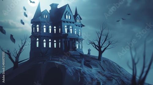 A haunted house on a hill at night. The house is made of paper and there are bats flying around it.
