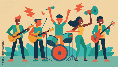 The sound of guitars and tambourines fill the air as a local band takes the stage inviting everyone to join in on the celebration.. Vector illustration