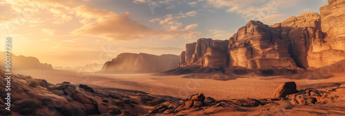 The golden hour light casts a magnificent glow on the impressive rock formations and desolate desert dunes of this expansive landscape