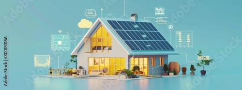 3D rendering of an eco-friendly house with solar panels and smart home technology