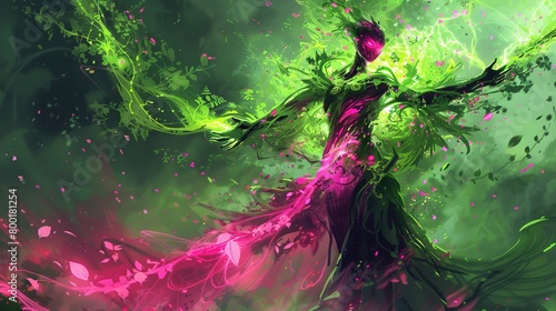 Neon Elemental Fusion' style of a nature elemental, blending the raw power of elemental forces with vibrant neon art, in leaf green and blossom pink