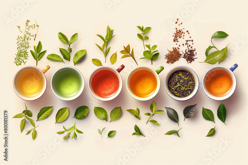 Illustration of row cups with varieties types of tea