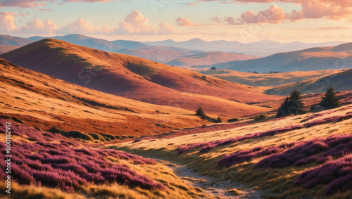 Minimalistic flat moorland with heather-covered hillsides.