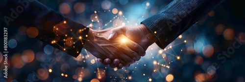 A photo of two people of any race or gender shaking hands with a glowing light in the center of their hands over a blue background with a lot of small, glowing lights in the backgr