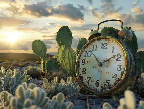 Antique clock in a cactus field, blazing sun overhead