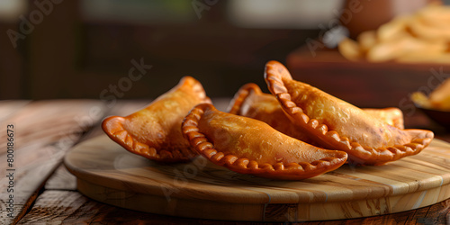Delicious food of Cornish Pasties with Flaky Pastry and Beef on wooden board with kitchen blurred background.
