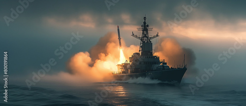 Rocket launch from warship. Start anti-ship missile from russian military cruiser. Generative AI 